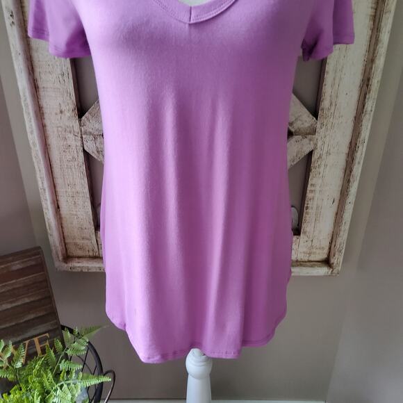 Women's Short Sleeve Relaxed Fit T-Shirt Tee Top with Criss Cross V-Neck Purple - Picture 4 of 12